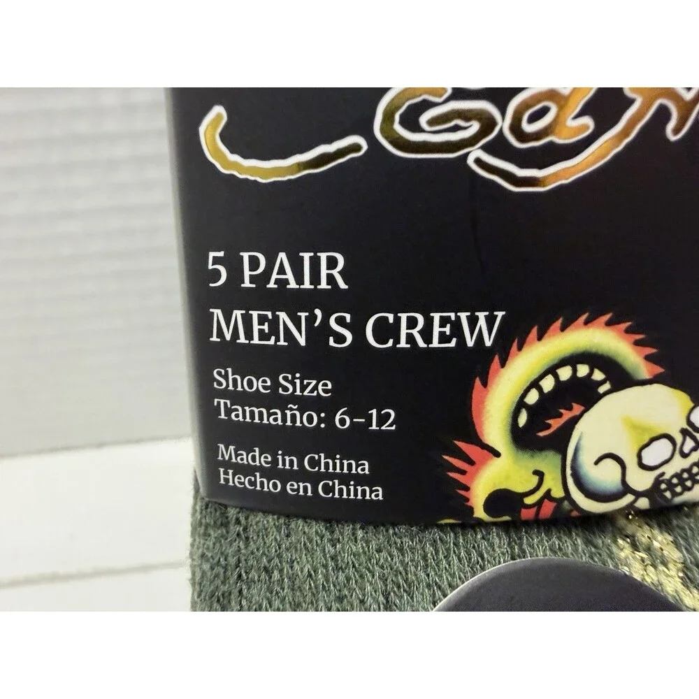 Ed Hardy Men’s Crew Socks 5 Pairs Size 6-12 Green/Black Flames Polyester Spandex